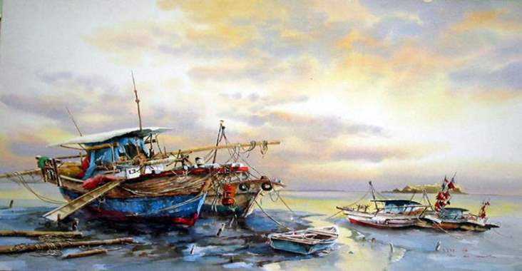 ציור שמן זוג סירות דייגים  : image 1