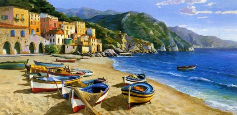 ציור שמן סירות דייגים על החוף בעיירה צבעונית : image 1