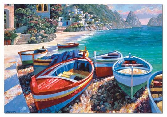 ציור שמן עיירה צבעונית וסירות על החוף : image 1