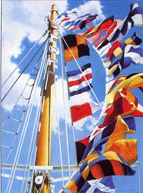 ציור שמן תורן סירה ודגלים מתנופפים : image 1