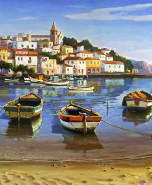 ציור שמן סירות על החוף וברקע עיירה יפה : image 1