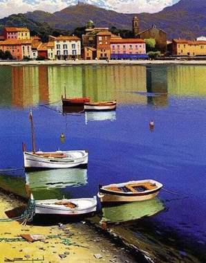 ציור שמן סירות על החוף וברקע עיירה צבעונית : image 1