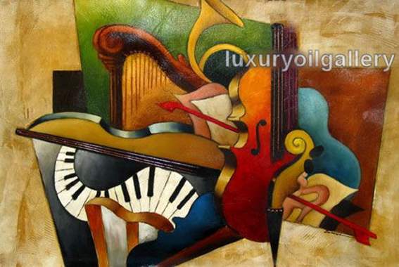ציור שמן מופשט של כלי נגינה נבל פסנתר  : image 1