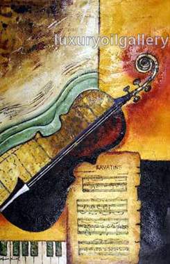 ציור שמן מופשט של כינור ליד תווים ופסנתר : image 1