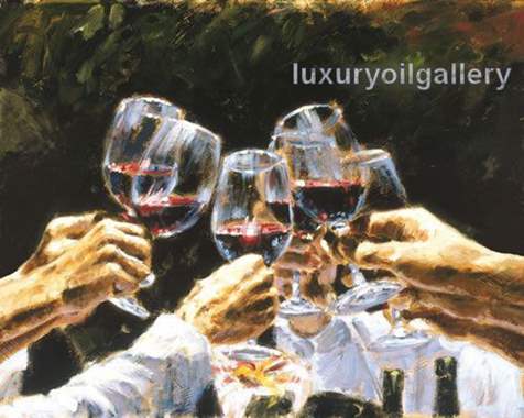 ציור שמן של נגנים מרימים כוסית יין : image 1